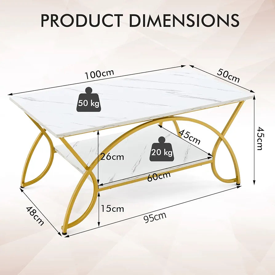 2-Tier Coffee Table, Marble Effect/Vintage Cocktail Center Table with Storage Shelf, Metal Frame Wooden Accent Sofa Side Tea Table for Living Room, Bedroom and Office (Golden & White)