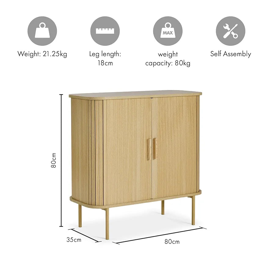 Sideboard for Living Room - Tambour Cabinet with Sliding Doors & 3 Shelves - Modern Scandi Look Living Room Storage Cupboard - Light Wood Effect Slatted Side Board for Hallway