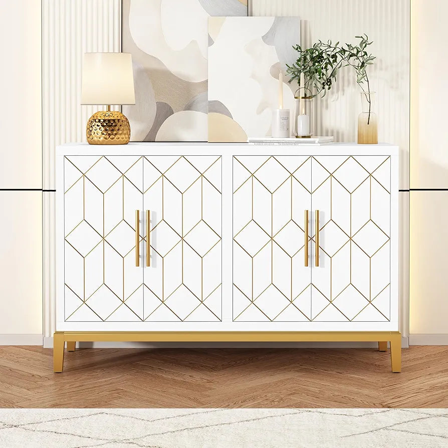 Wooden Kitchen Sideboard, Cabinet Storage Cupboard with 4 Doors, Modern Storage Cabinet with Gold Trim, Buffet Cabinet for Living Room, Kitchen, Dining Room, Hallway,White