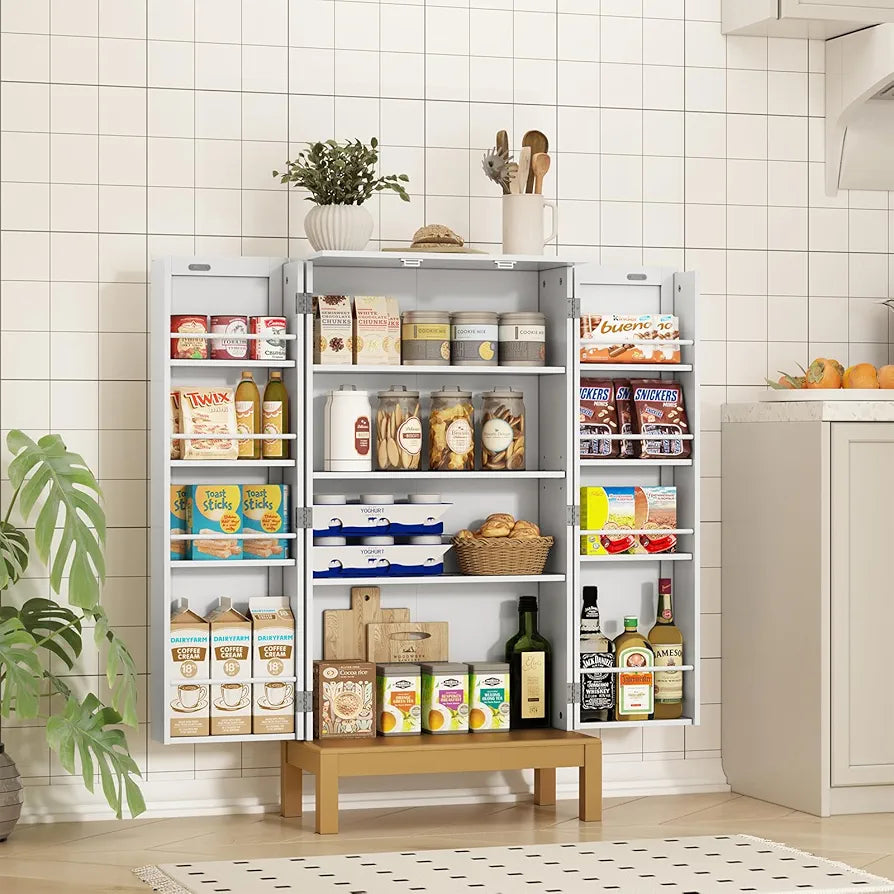 Pantry Cupboard, Freestanding Cabinet With Doors & Adjustable Shelves - White & Gold, For Kitchen, Bathroom, Living Room