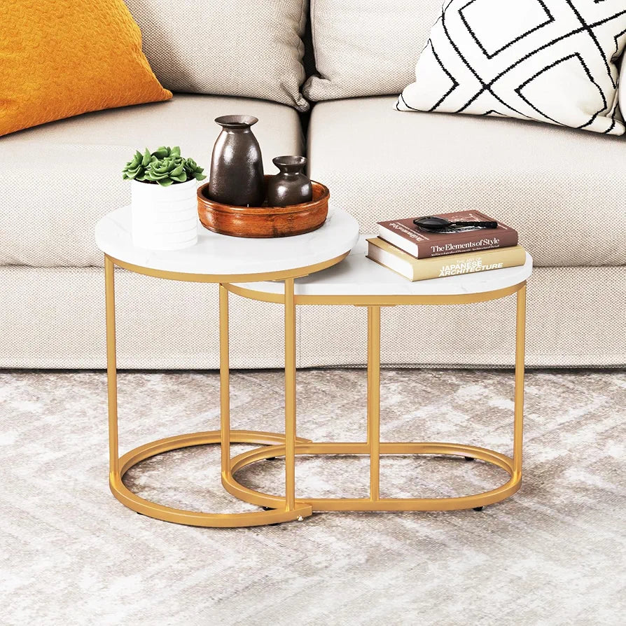Nesting Coffee Tables Set of 2, Marble Effect Stackable Sofa Side Table, Metal Frame Accent Snack Tea End Table for Living Room, Bedroom and Balcony (Marble+Golden, 50cm Round+60cm Oval)