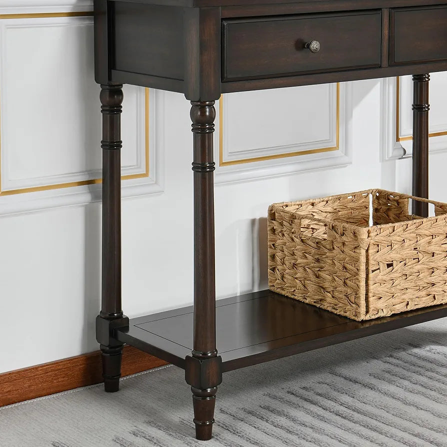 Solid Wood Console Entry Table with 2 Drawers, Hallway Tables with Storage Shelf, Narrow Sofa Side Table- for Blank Wall, Small Space 90 x 35 x 76.5 cm