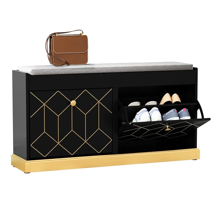 Storage with Seat, Black Shoe Cabinet Cupboard with Cushion & Flip-Drawer, Shoes Storage Cabinet for Hallway, Entryway