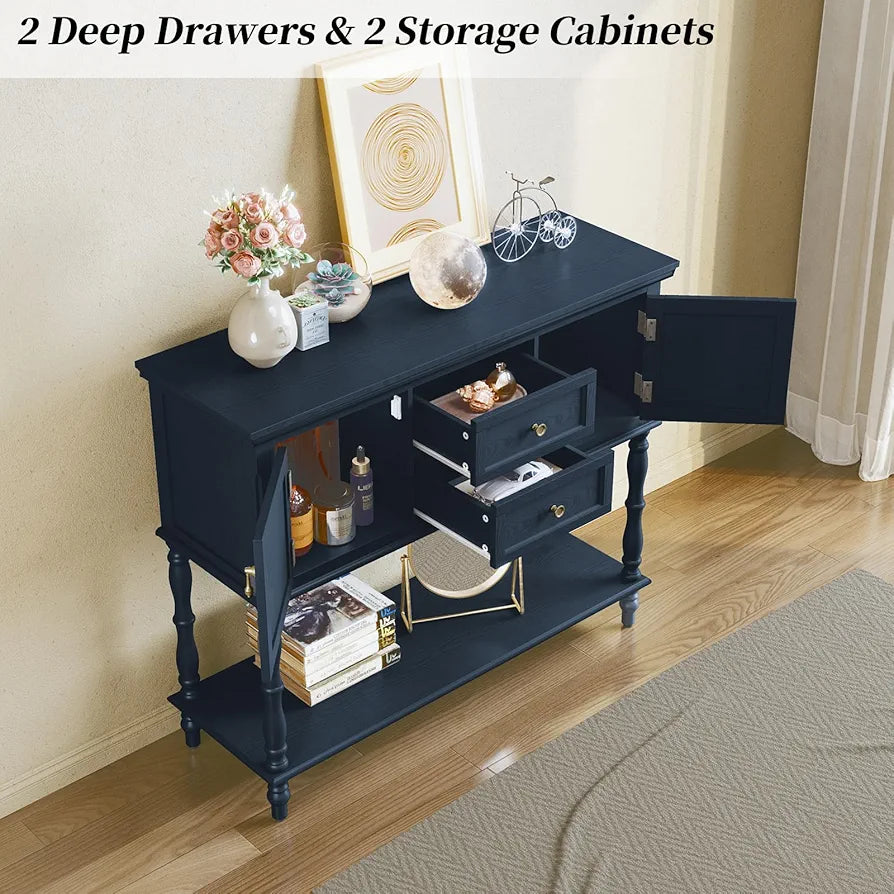 Console Table with Drawers and Storage Cabinets, Blue Entryway Table Wooden Narrow Console & Sofa Tables for Hallway, Living Room, Bedroom