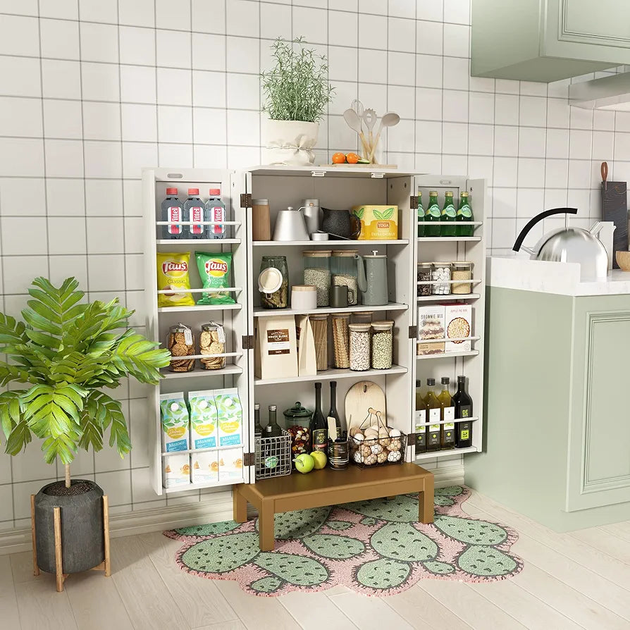 Pantry Cupboard, Freestanding Cabinet With Doors & Adjustable Shelves - White & Gold, For Kitchen, Bathroom, Living Room