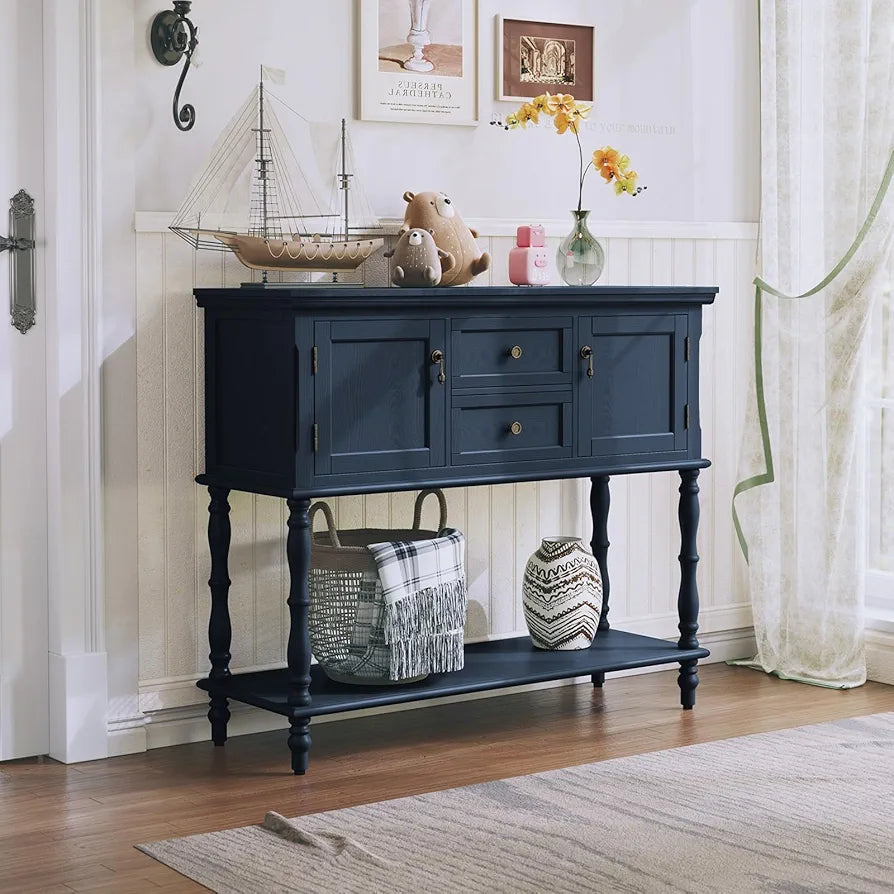 Console Table with Drawers and Storage Cabinets, Blue Entryway Table Wooden Narrow Console & Sofa Tables for Hallway, Living Room, Bedroom