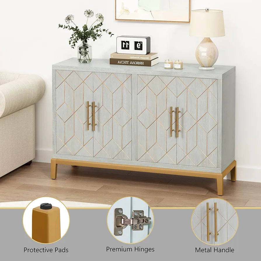 Wooden Kitchen Sideboard, Cabinet Storage Cupboard with 4 Doors, Modern Storage Cabinet with Gold Trim, Buffet Cabinet for Living Room, Kitchen, Dining Room, Hallway,Green