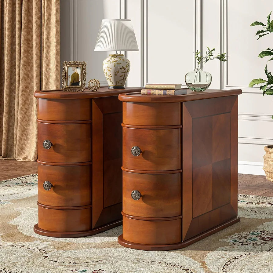 Solid Wood Side Table, 2-Drawer Narrow End Table Slim Chair Side Table, Bedside Tables, No Assembly Required, Finished Back, Walnut