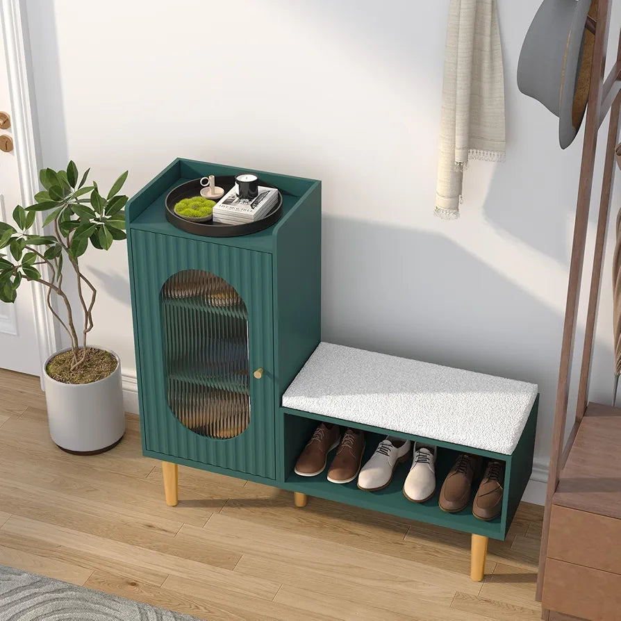 Storage Bench with Seat, Glass Door Storage Cabinet, Modern L-Shaped Shoe Rack Green Cabinet for Hallway, Entryway, Bedroom, Living Room