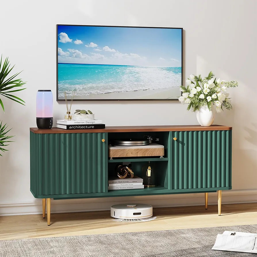 Cabinet 55 Inch, Fluted Modern Wooden TV Console Unit with Storage and 2 Doors, Blue Cabinets for 55/60/65 Inch Television, TV Tables for Living Room, Bedroom