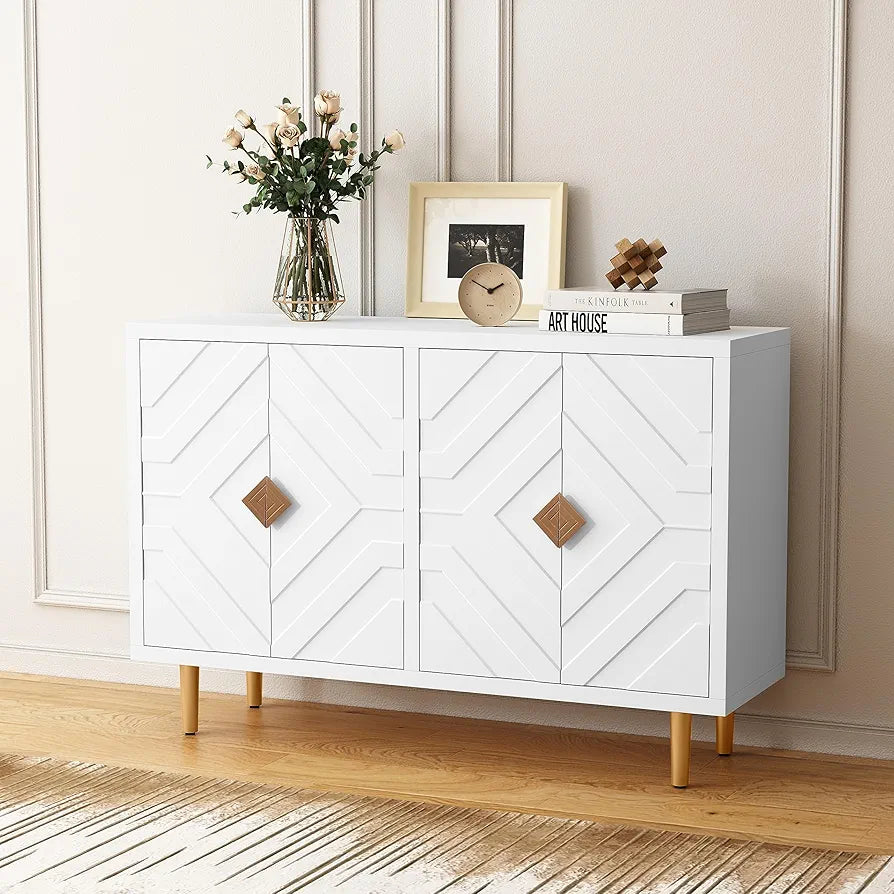 Sideboard with 4 Doors and Shelves, Buffet Table Storage Cabinet Morden Kitchen Cupboard for Kitchen, Living Room, Dining Room, Hallway,White