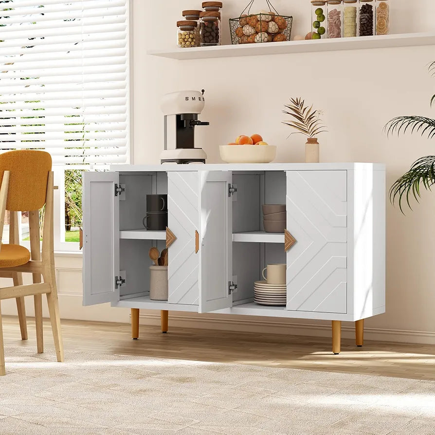 Sideboard with 4 Doors and Shelves, Buffet Table Storage Cabinet Morden Kitchen Cupboard for Kitchen, Living Room, Dining Room, Hallway,White