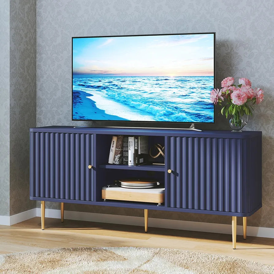 Cabinet 55 Inch, Fluted Modern Wooden TV Console Unit with Storage and 2 Doors, Blue Cabinets for 55/60/65 Inch Television, TV Tables for Living Room, Bedroom