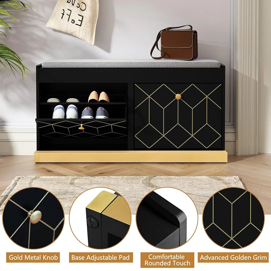 Storage with Seat, Black Shoe Cabinet Cupboard with Cushion & Flip-Drawer, Shoes Storage Cabinet for Hallway, Entryway