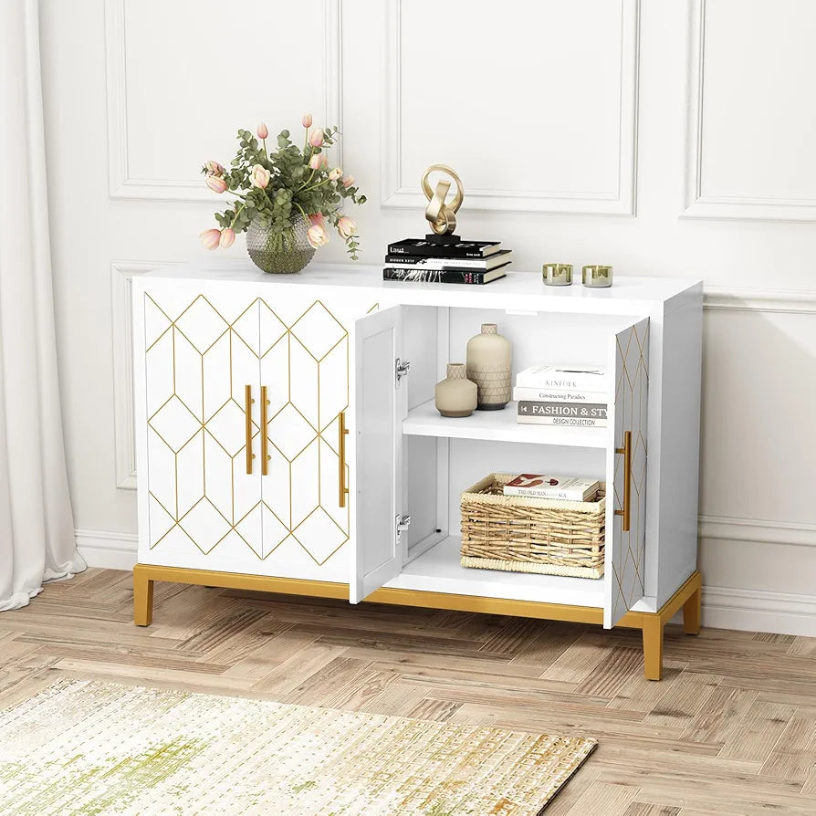 Wooden Kitchen Sideboard, Cabinet Storage Cupboard with 4 Doors, Modern Storage Cabinet with Gold Trim, Buffet Cabinet for Living Room, Kitchen, Dining Room, Hallway,White
