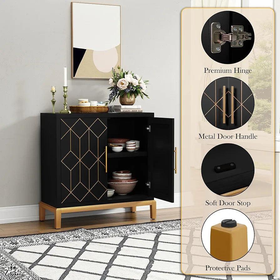 Wooden Kitchen Sideboard, Cabinet Storage Cupboard with 4 Doors, Modern Storage Cabinet with Gold Trim, Buffet Cabinet for Living Room, Kitchen, Dining Room, Hallway,