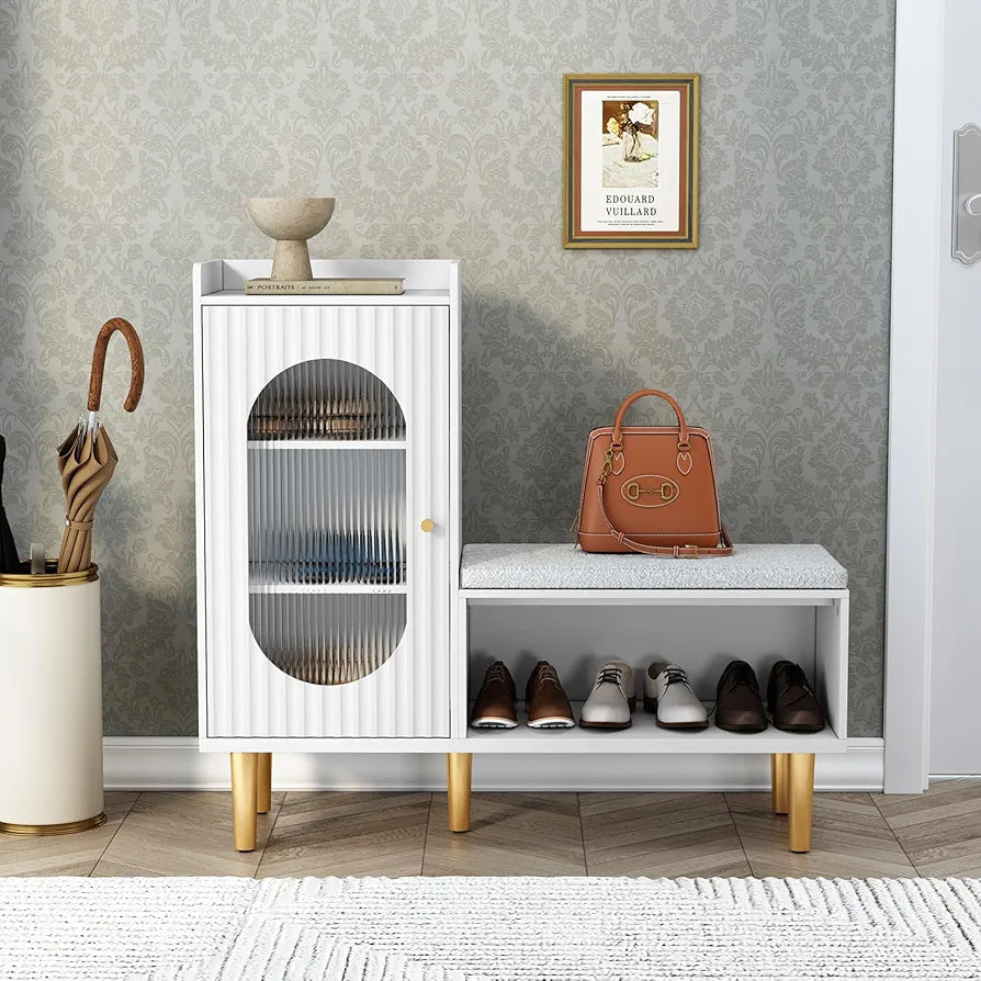 Storage Bench with Seat, Glass Door Storage Cabinet, Modern L-Shaped Shoe Rack Green Cabinet for Hallway, Entryway, Bedroom, Living Room