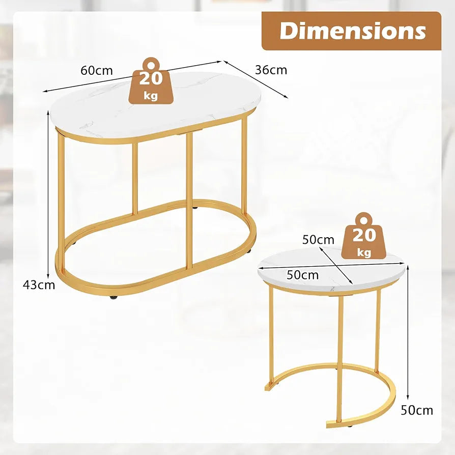 Nesting Coffee Tables Set of 2, Marble Effect Stackable Sofa Side Table, Metal Frame Accent Snack Tea End Table for Living Room, Bedroom and Balcony (Marble+Golden, 50cm Round+60cm Oval)