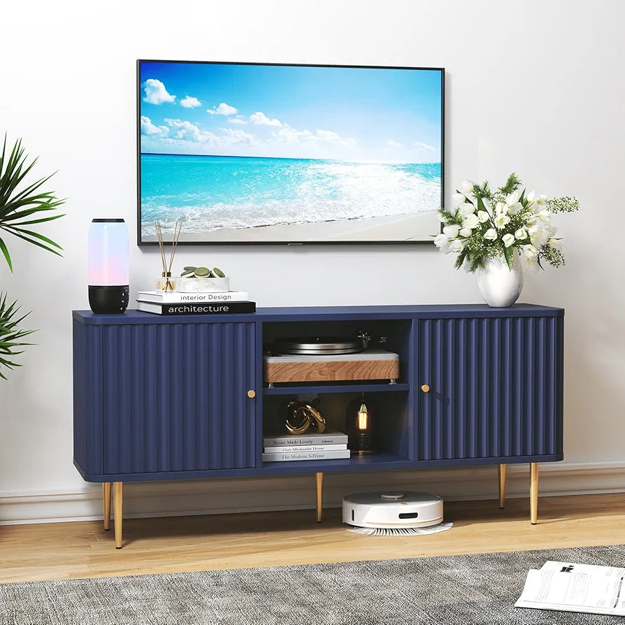 Cabinet 55 Inch, Fluted Modern Wooden TV Console Unit with Storage and 2 Doors, Blue Cabinets for 55/60/65 Inch Television, TV Tables for Living Room, Bedroom