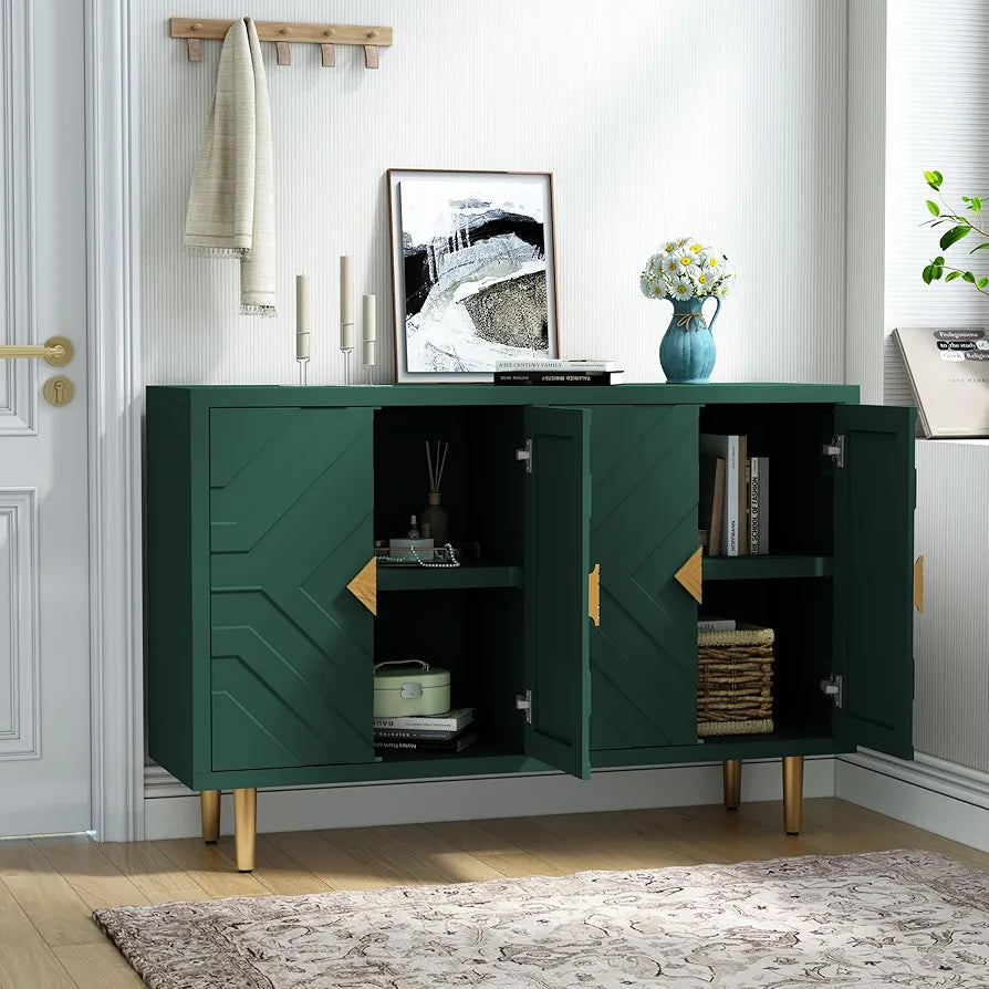 Sideboard with 4 Doors and Shelves, Buffet Table Storage Cabinet Morden Kitchen Cupboard for Kitchen, Living Room, Dining Room, Hallway,Green