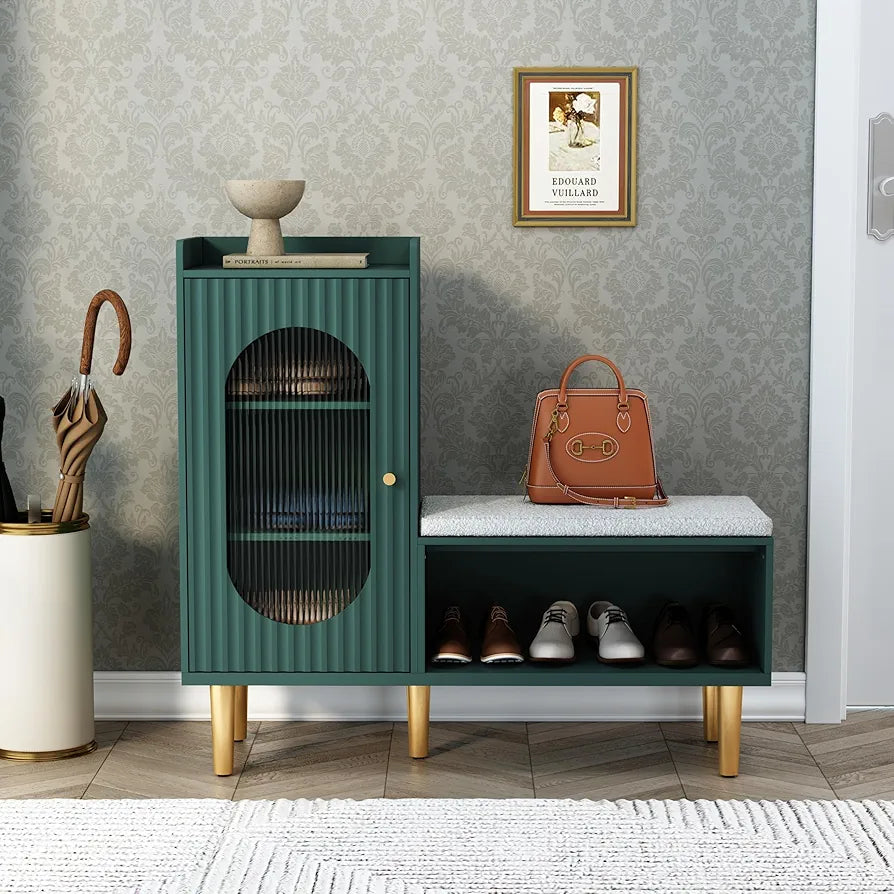Storage Bench with Seat, Glass Door Storage Cabinet, Modern L-Shaped Shoe Rack Green Cabinet for Hallway, Entryway, Bedroom, Living Room