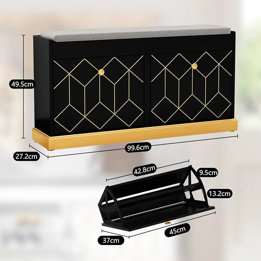 Storage with Seat, Black Shoe Cabinet Cupboard with Cushion & Flip-Drawer, Shoes Storage Cabinet for Hallway, Entryway