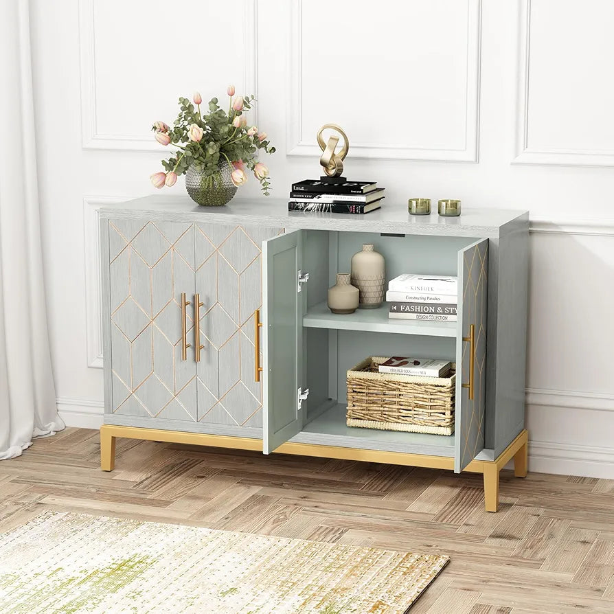 Wooden Kitchen Sideboard, Cabinet Storage Cupboard with 4 Doors, Modern Storage Cabinet with Gold Trim, Buffet Cabinet for Living Room, Kitchen, Dining Room, Hallway,Green