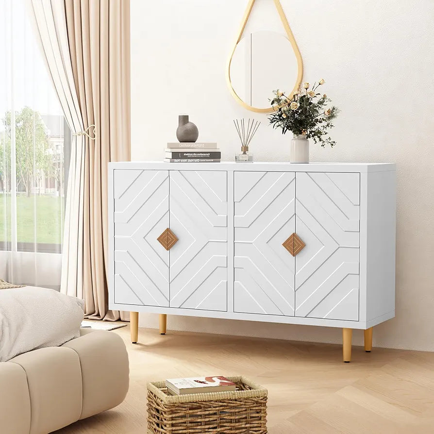 Sideboard with 4 Doors and Shelves, Buffet Table Storage Cabinet Morden Kitchen Cupboard for Kitchen, Living Room, Dining Room, Hallway,White