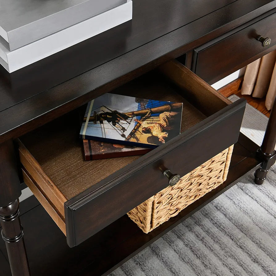 Solid Wood Console Entry Table with 2 Drawers, Hallway Tables with Storage Shelf, Narrow Sofa Side Table- for Blank Wall, Small Space 90 x 35 x 76.5 cm
