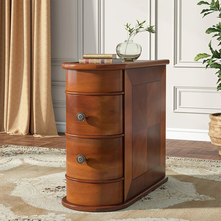 Solid Wood Side Table, 2-Drawer Narrow End Table Slim Chair Side Table, Bedside Tables, No Assembly Required, Finished Back, Walnut