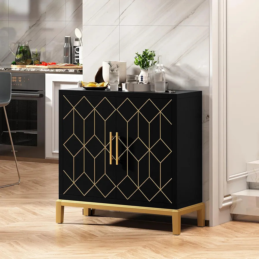 Wooden Kitchen Sideboard, Cabinet Storage Cupboard with 4 Doors, Modern Storage Cabinet with Gold Trim, Buffet Cabinet for Living Room, Kitchen, Dining Room, Hallway,