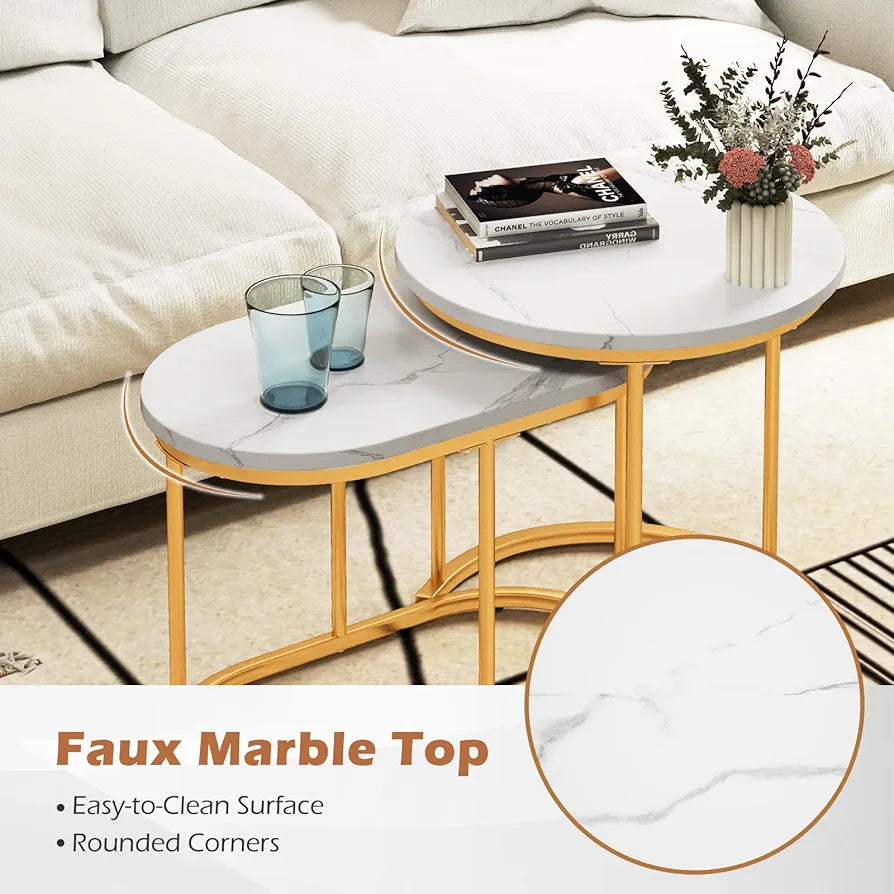 Nesting Coffee Tables Set of 2, Marble Effect Stackable Sofa Side Table, Metal Frame Accent Snack Tea End Table for Living Room, Bedroom and Balcony (Marble+Golden, 50cm Round+60cm Oval)