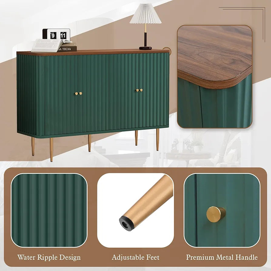 Buffet Cabinet with 4 Doors and Removable Shelves, Modern Accent Cabinet Sideboard Storage Cupboard for Living Room, Kitchen, Green