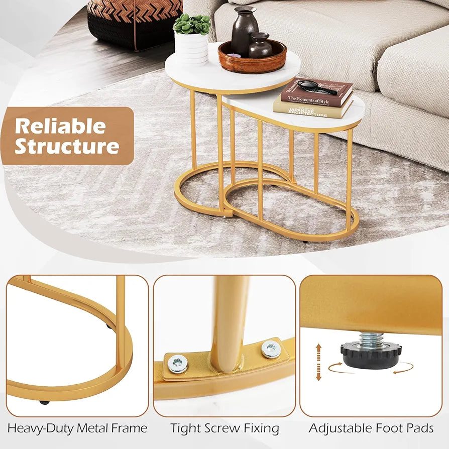 Nesting Coffee Tables Set of 2, Marble Effect Stackable Sofa Side Table, Metal Frame Accent Snack Tea End Table for Living Room, Bedroom and Balcony (Marble+Golden, 50cm Round+60cm Oval)