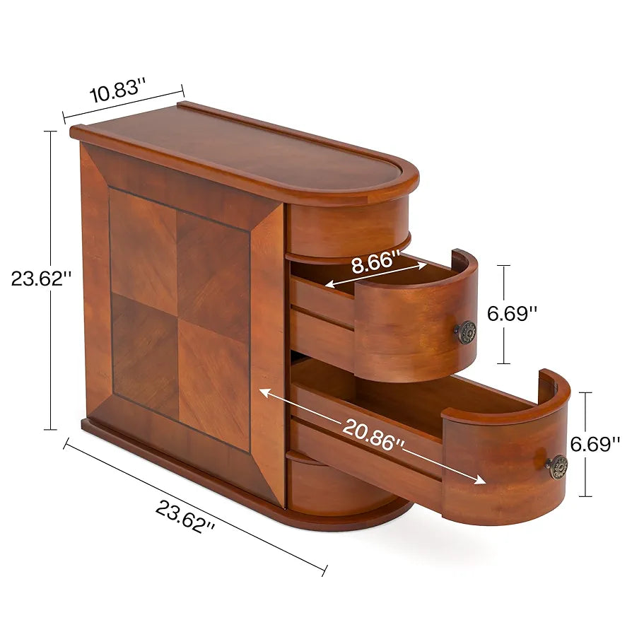 Solid Wood Side Table, 2-Drawer Narrow End Table Slim Chair Side Table, Bedside Tables, No Assembly Required, Finished Back, Walnut