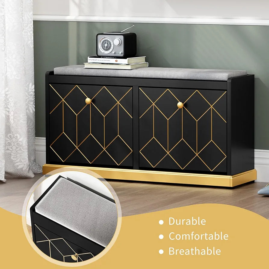 Storage with Seat, Black Shoe Cabinet Cupboard with Cushion & Flip-Drawer, Shoes Storage Cabinet for Hallway, Entryway