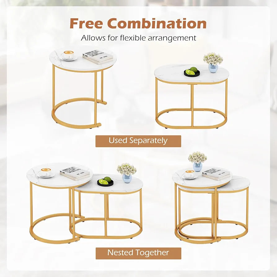 Nesting Coffee Tables Set of 2, Marble Effect Stackable Sofa Side Table, Metal Frame Accent Snack Tea End Table for Living Room, Bedroom and Balcony (Marble+Golden, 50cm Round+60cm Oval)