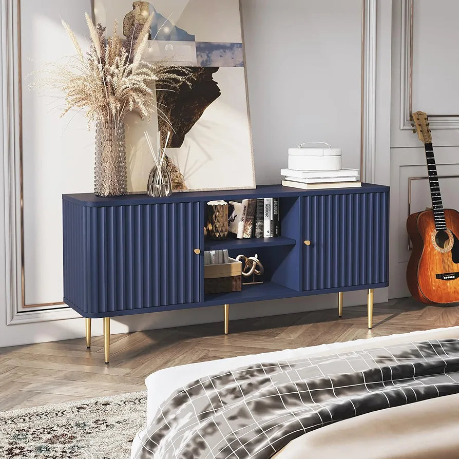 Cabinet 55 Inch, Fluted Modern Wooden TV Console Unit with Storage and 2 Doors, Blue Cabinets for 55/60/65 Inch Television, TV Tables for Living Room, Bedroom