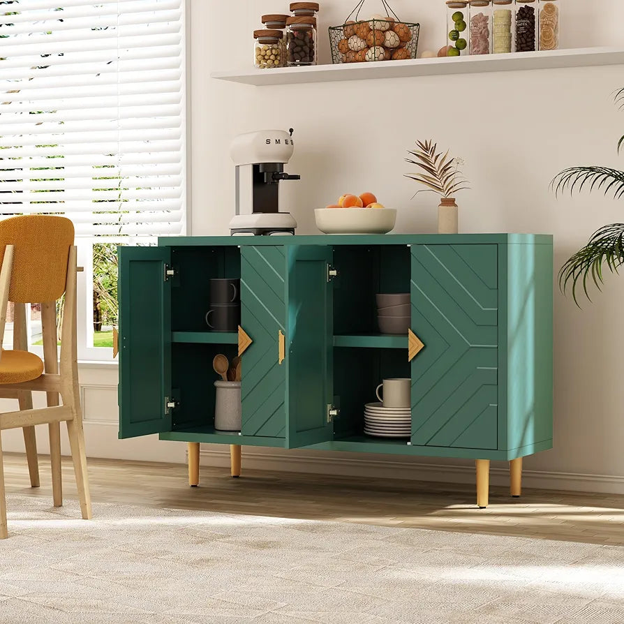 Sideboard with 4 Doors and Shelves, Buffet Table Storage Cabinet Morden Kitchen Cupboard for Kitchen, Living Room, Dining Room, Hallway,Green