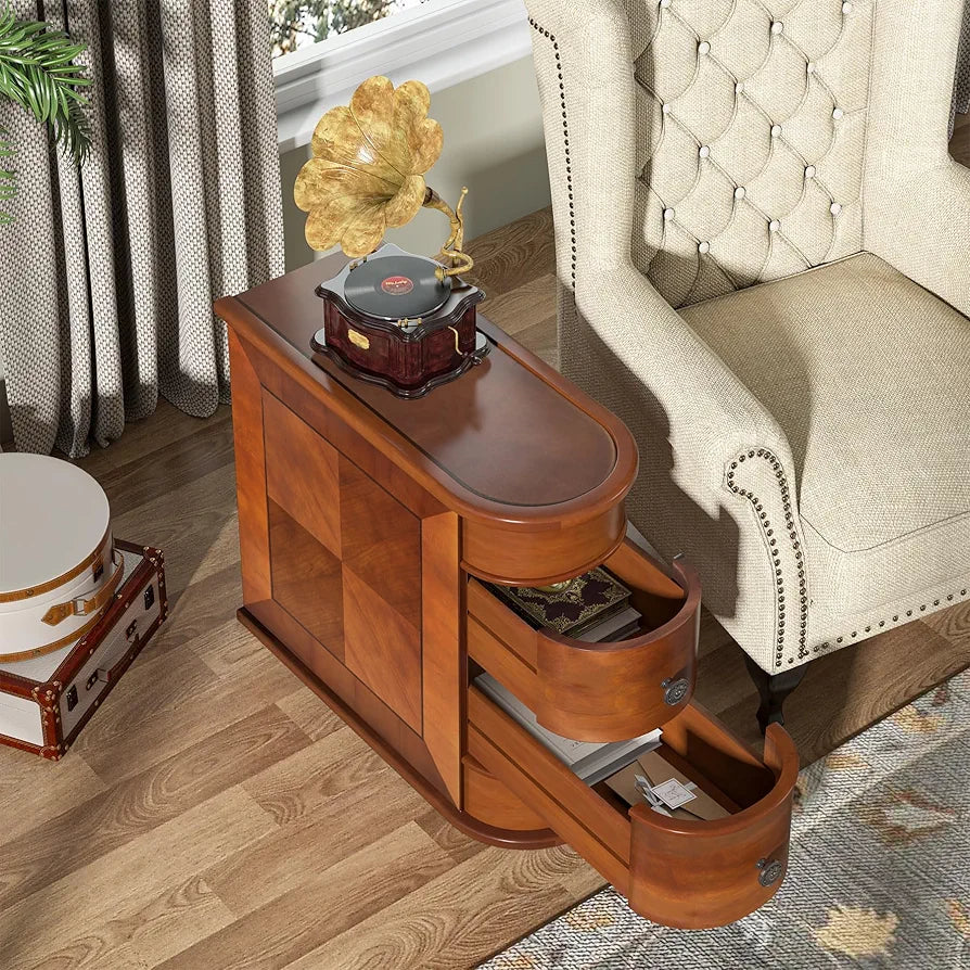 Solid Wood Side Table, 2-Drawer Narrow End Table Slim Chair Side Table, Bedside Tables, No Assembly Required, Finished Back, Walnut