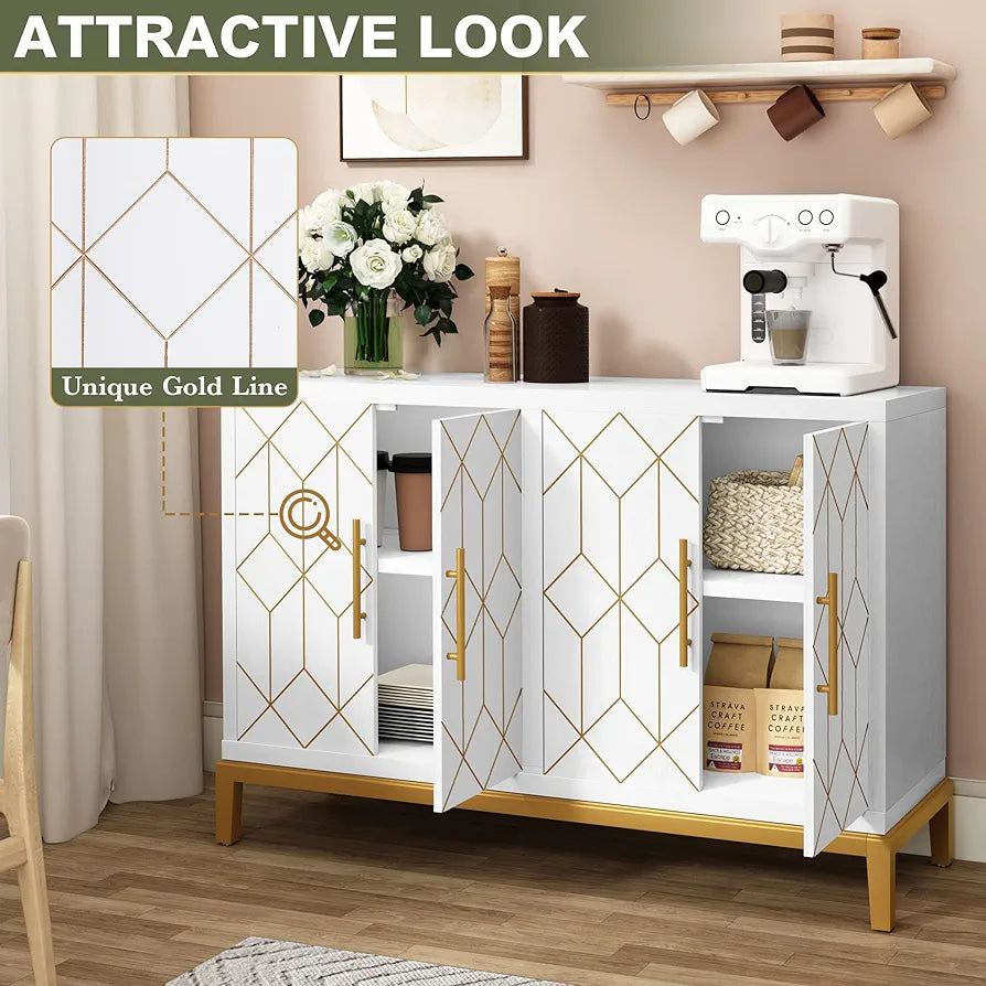 Wooden Kitchen Sideboard, Cabinet Storage Cupboard with 4 Doors, Modern Storage Cabinet with Gold Trim, Buffet Cabinet for Living Room, Kitchen, Dining Room, Hallway,White