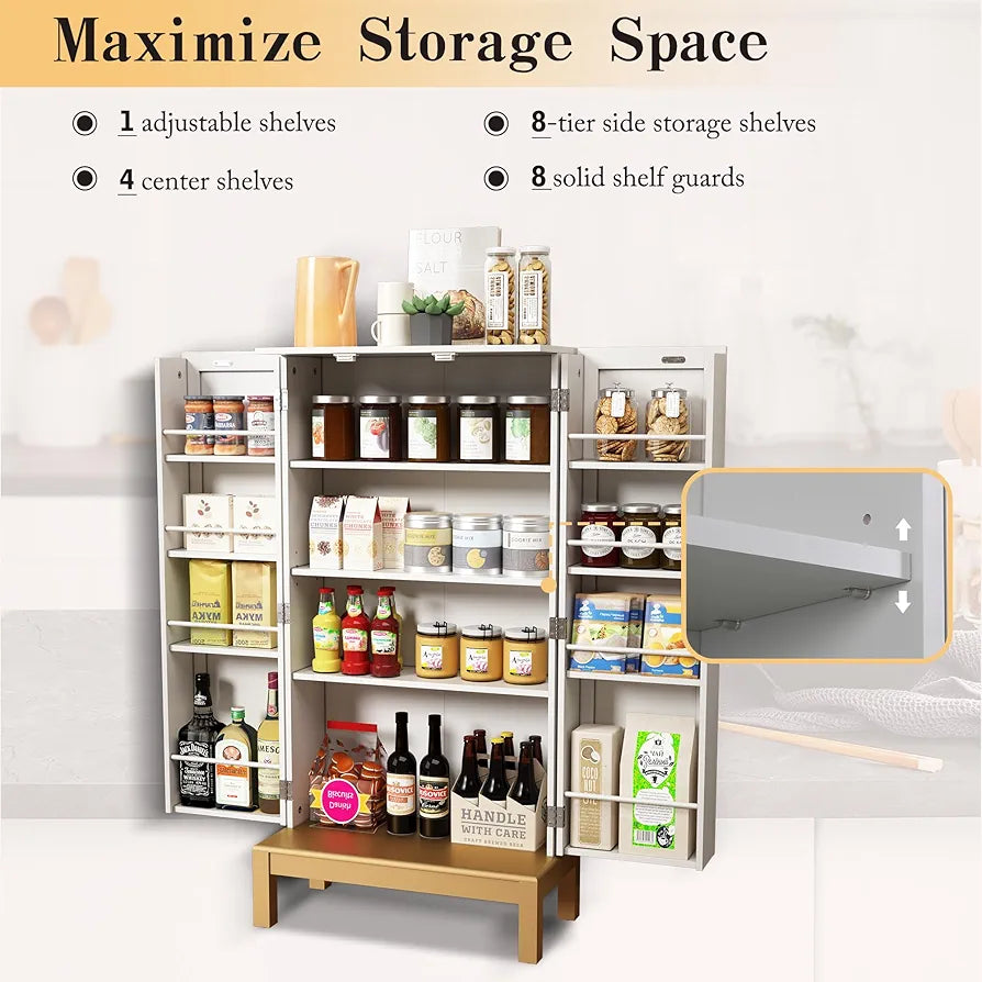 Pantry Cupboard, Freestanding Cabinet With Doors & Adjustable Shelves - White & Gold, For Kitchen, Bathroom, Living Room