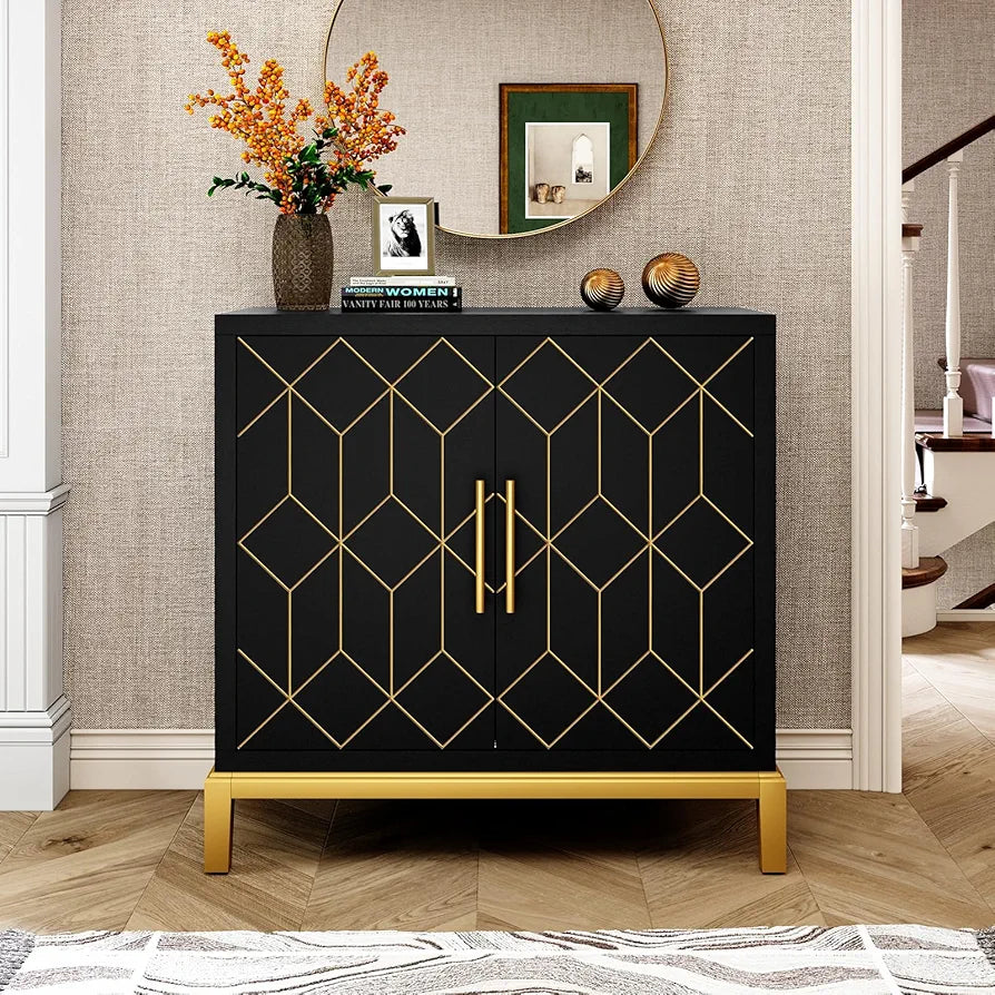 Wooden Kitchen Sideboard, Cabinet Storage Cupboard with 4 Doors, Modern Storage Cabinet with Gold Trim, Buffet Cabinet for Living Room, Kitchen, Dining Room, Hallway,