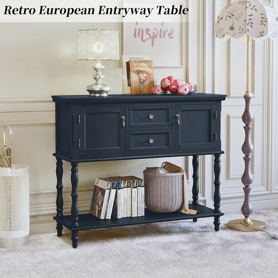 Console Table with Drawers and Storage Cabinets, Blue Entryway Table Wooden Narrow Console & Sofa Tables for Hallway, Living Room, Bedroom