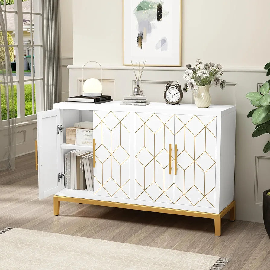 Wooden Kitchen Sideboard, Cabinet Storage Cupboard with 4 Doors, Modern Storage Cabinet with Gold Trim, Buffet Cabinet for Living Room, Kitchen, Dining Room, Hallway,White