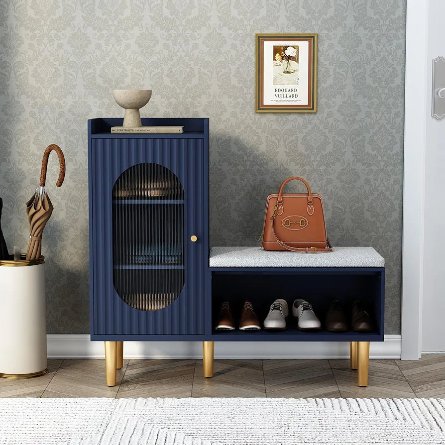 Storage Bench with Seat, Glass Door Storage Cabinet, Modern L-Shaped Shoe Rack Green Cabinet for Hallway, Entryway, Bedroom, Living Room