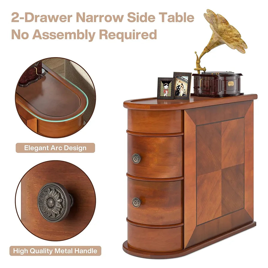 Solid Wood Side Table, 2-Drawer Narrow End Table Slim Chair Side Table, Bedside Tables, No Assembly Required, Finished Back, Walnut