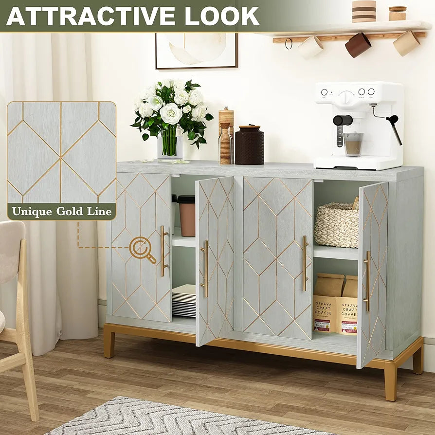 Wooden Kitchen Sideboard, Cabinet Storage Cupboard with 4 Doors, Modern Storage Cabinet with Gold Trim, Buffet Cabinet for Living Room, Kitchen, Dining Room, Hallway,Green