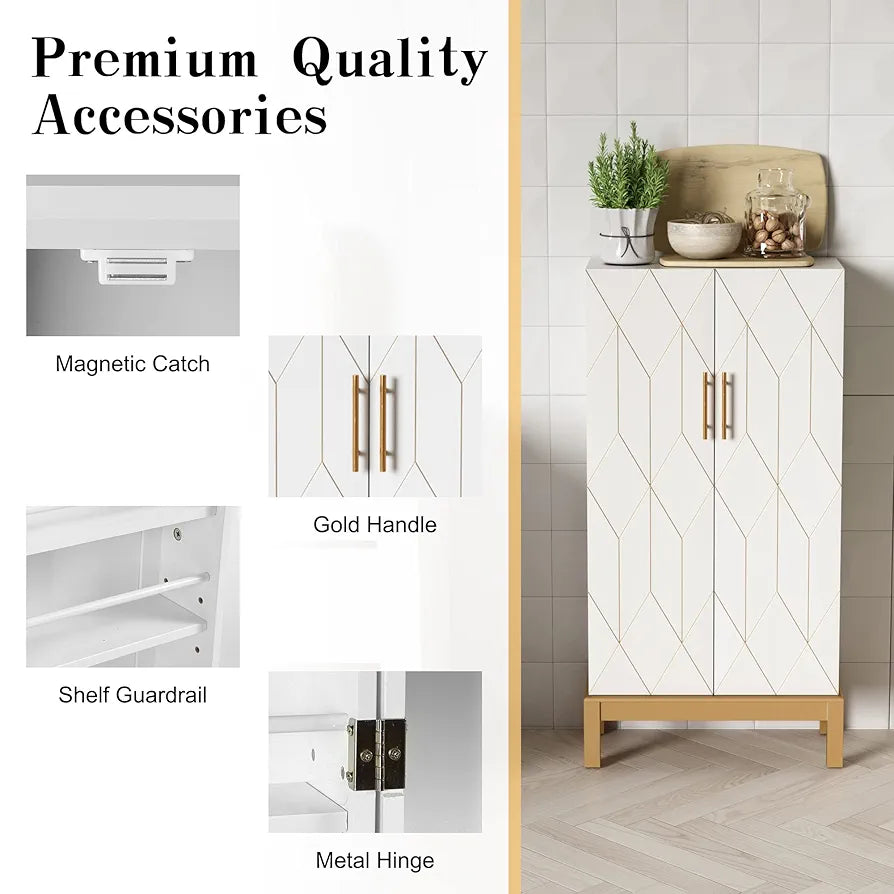 Pantry Cupboard, Freestanding Cabinet With Doors & Adjustable Shelves - White & Gold, For Kitchen, Bathroom, Living Room