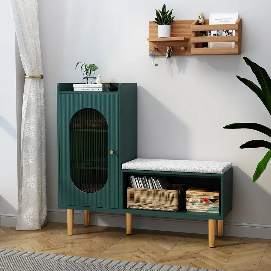 Storage Bench with Seat, Glass Door Storage Cabinet, Modern L-Shaped Shoe Rack Green Cabinet for Hallway, Entryway, Bedroom, Living Room